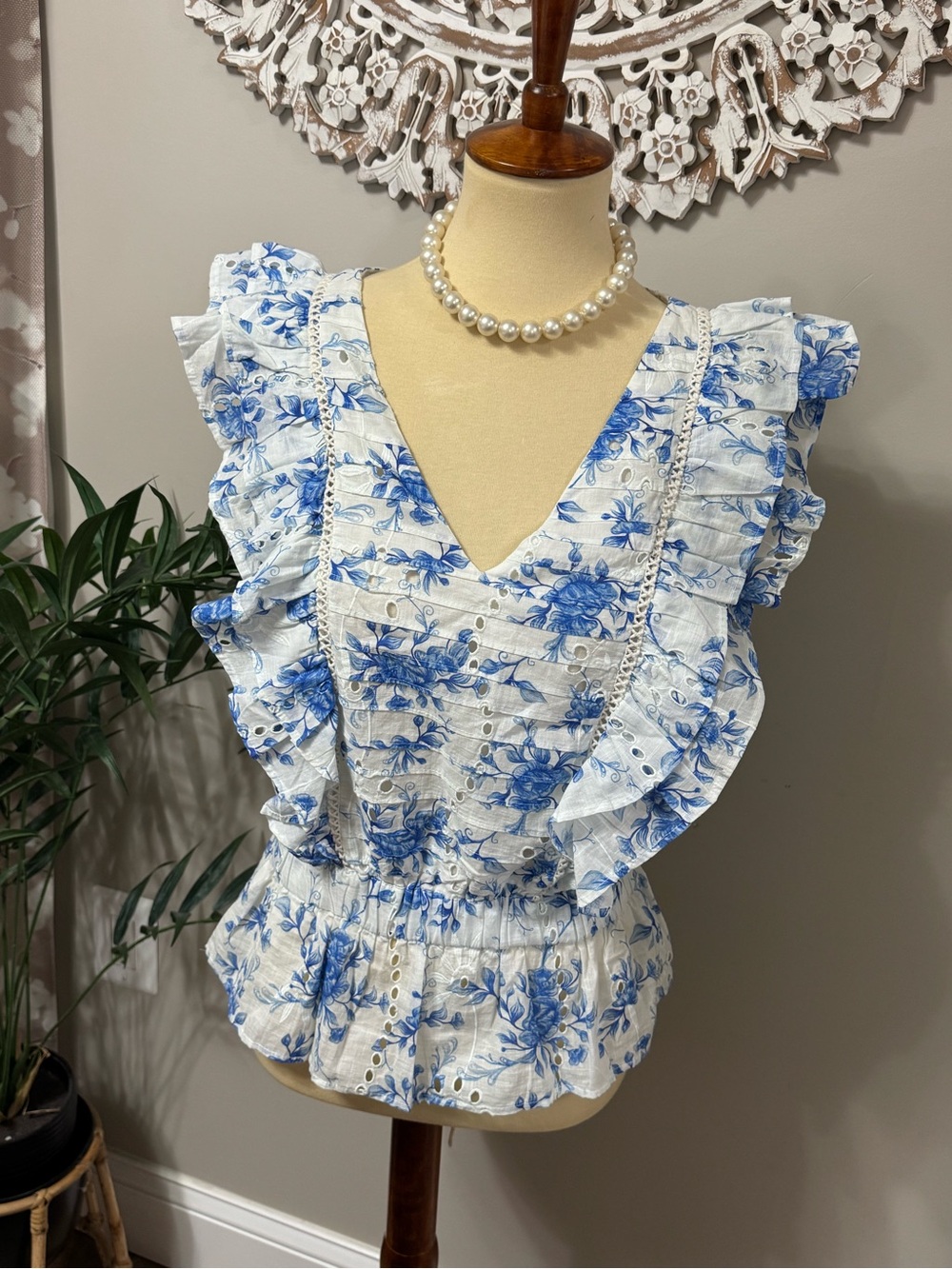 Anthropologie Blue and White Floral Ruffle Eyelet Blouse